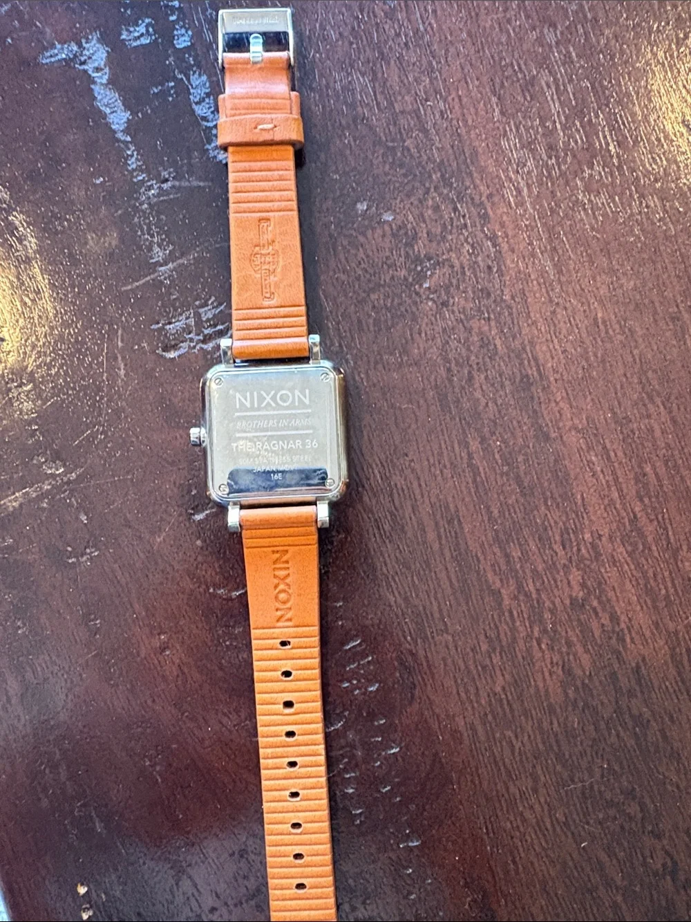 Nixon Silver Square Case Watch with Tan Leather Strap